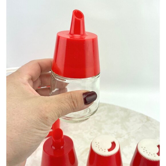 Vintage 70s condiment caddy, picnic plastic and glass dispensers - Picture 3 of 10